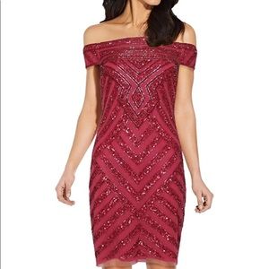 Adrianna Papell Women's Bead Off Shoulder Sheath NWT size 10 dusty rouge